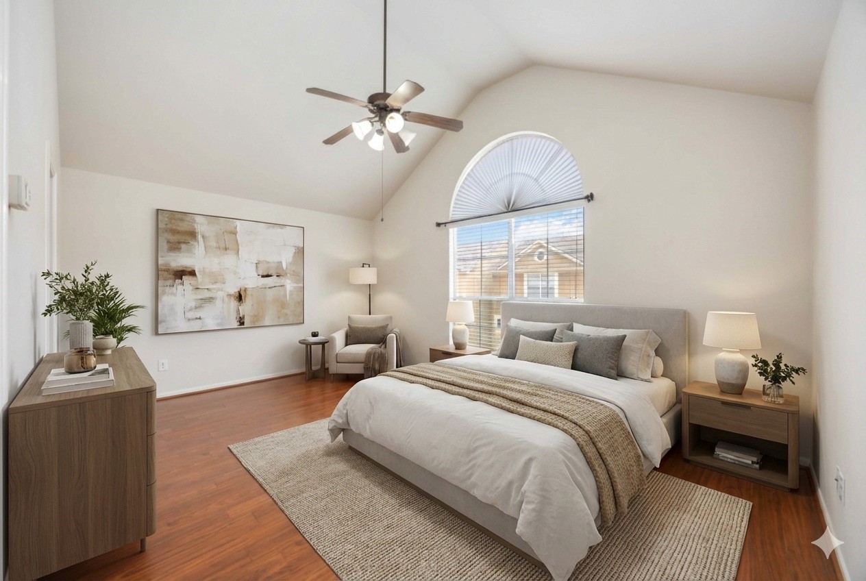 3008 Clearview Circle Houston, TX 77025 - Photo 14 of 33 a spacious bedroom with a bed and a chandelier