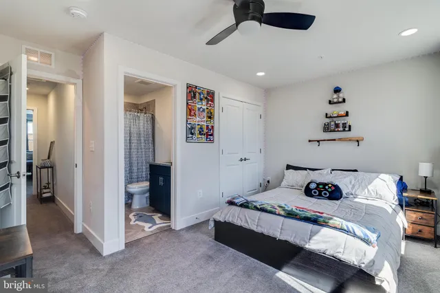 a bedroom with a bed and a walk in closet