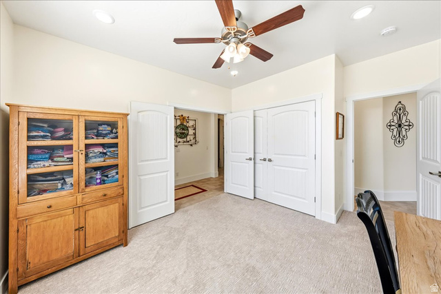 357 East Main Street Enterprise, UT 84725 - Photo 11 of 71 Home office with ceiling fan, light carpet, and recessed lighting