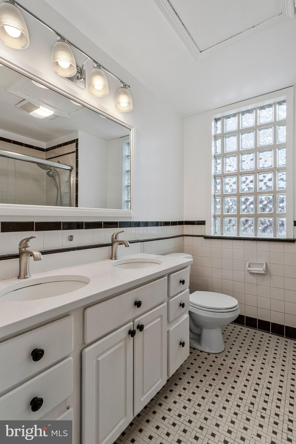 123 E Street Southeast Washington, DC 20003 - Photo 22 of 42 a bathroom with a sink a toilet a mirror a vanity a window and shower