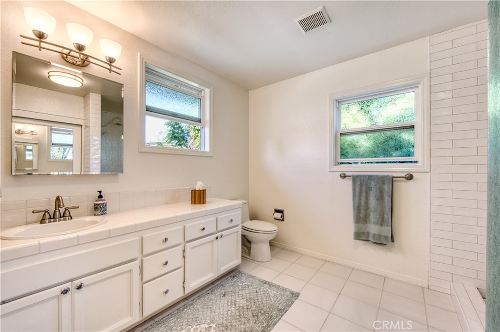 34052 Crystal Lantern Dana Point, CA 92629 - Photo 22 of 42 a bathroom with a toilet a sink a mirror a window and vanity