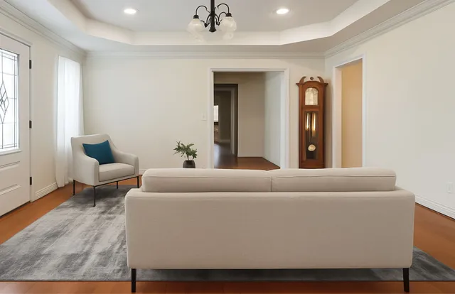 a living room with furniture and a potted plant