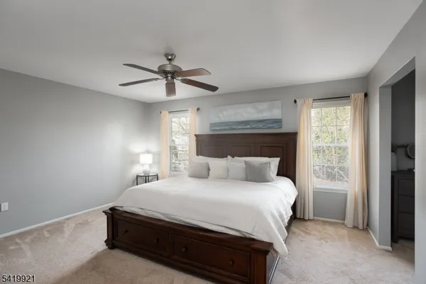 a bedroom with a bed and a ceiling fan