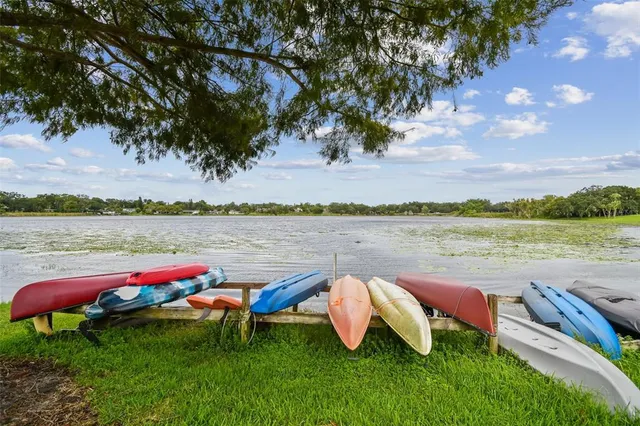 a view of a lake with lawn chairs and large trees