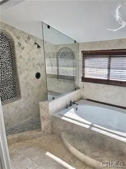 a bathroom with a bathtub and a shower