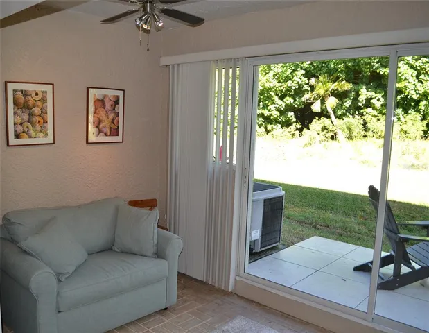 a view of a yard with plants and large trees