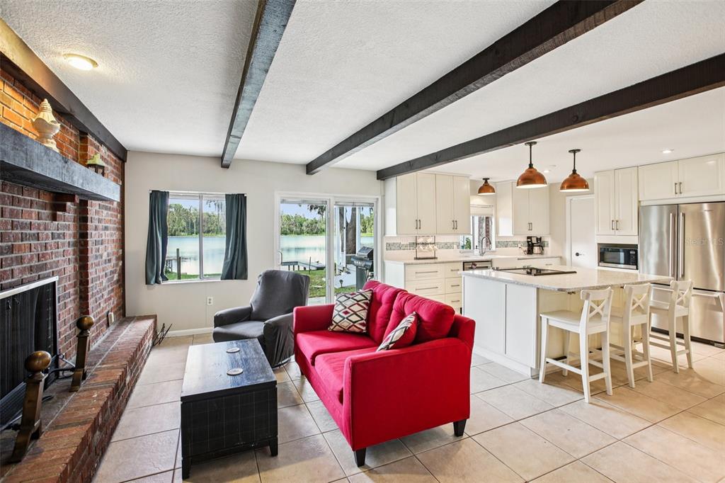 19254 Blount Road Lutz, FL 33558 - Photo 7 of 35 a living room with stainless steel appliances kitchen island granite countertop furniture and a fireplace