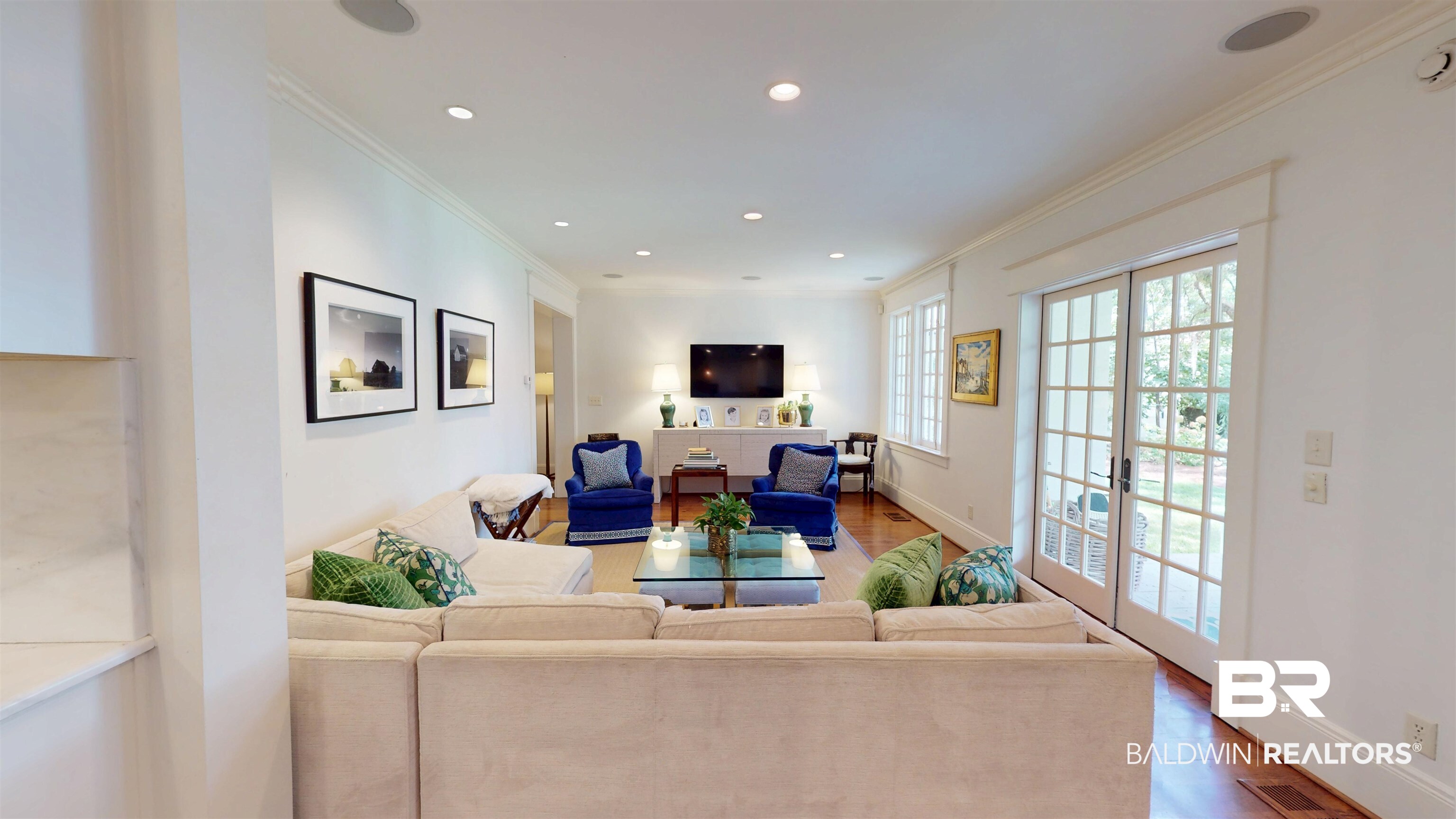 211 Lanier Avenue Mobile, AL 36607 - Photo 18 of 73 Living room with crown molding, wood finished floors, french doors, and recessed lighting