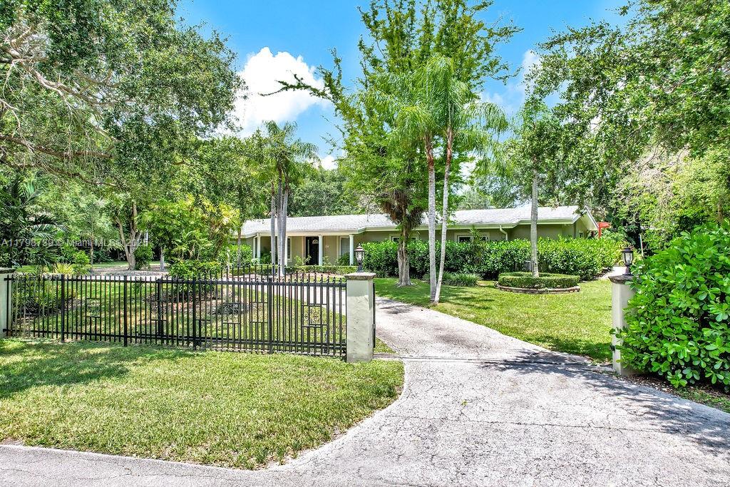 a view of a park with large trees and a barn in it