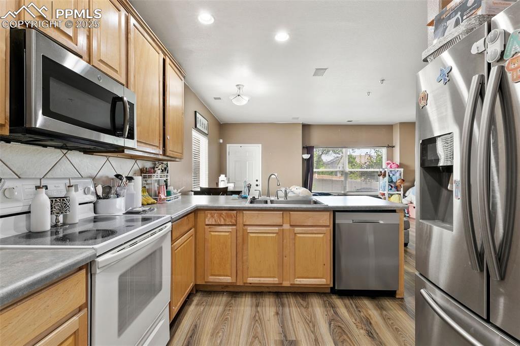 4573 Prestige Point Colorado Springs, CO 80906 - Photo 14 of 31 Kitchen featuring stainless steel appliances, light wood-type flooring, a peninsula, open floor plan, and recessed lighting