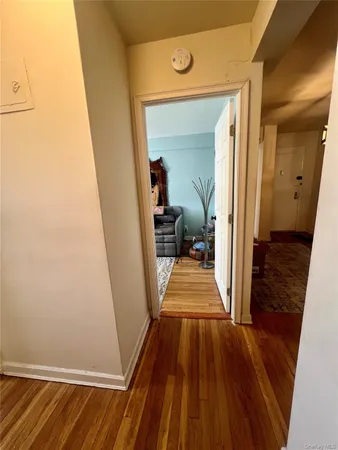 a view of a hallway with wooden floor and closet