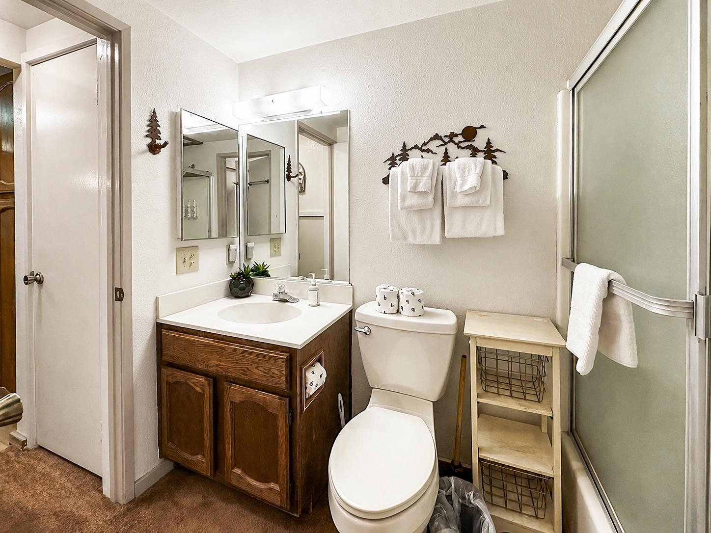 153 Lake Mary Road, Unit 114 Mammoth Lakes, CA 93546 - Photo 11 of 22 Bathroom featuring a vanity with a wood-finish cabinet and integrated sink, a full-size mirror with integrated lighting, and a shower with a sliding glass enclosure