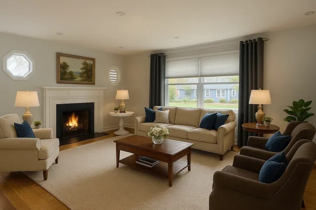 a living room with furniture and a fireplace