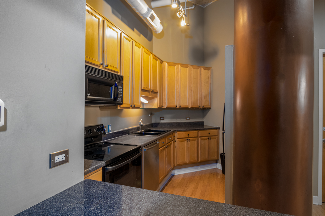 801 South Wells Street, Unit 102 Chicago, IL 60607 - Photo 11 of 26 a kitchen with stainless steel appliances granite countertop a stove a sink and a microwave