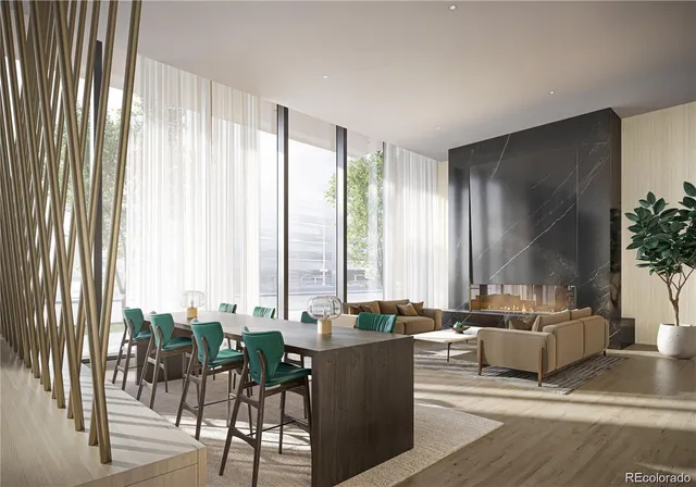 a living room with furniture and large windows