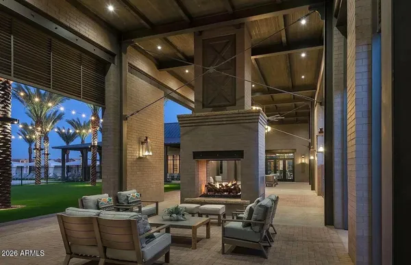 a building outdoor space with patio furniture