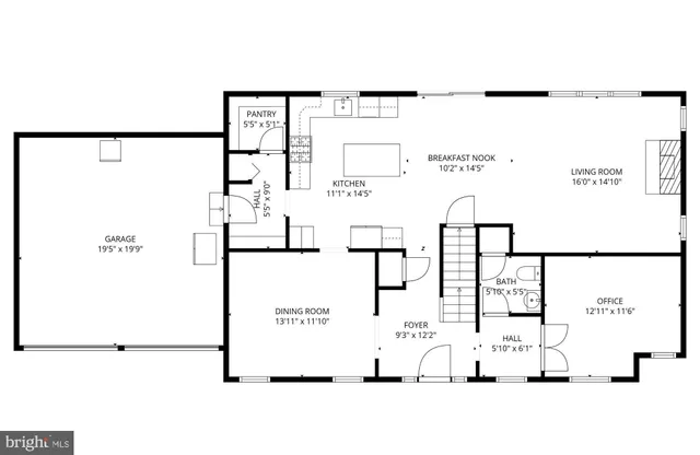 a white kitchen with a refrigerator a sink and wooden floor