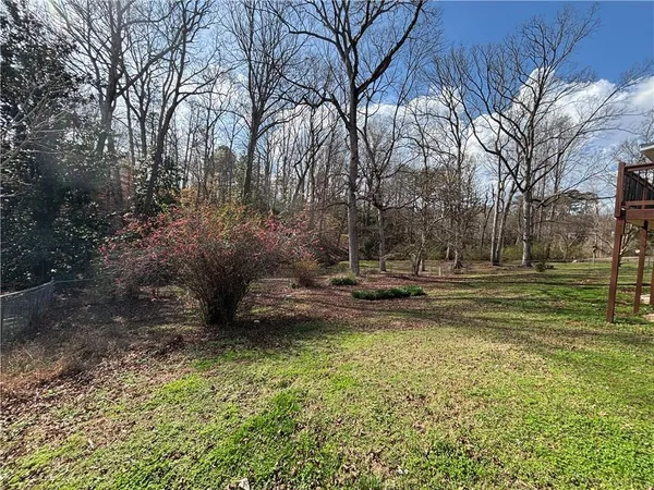 a view of a yard with large trees