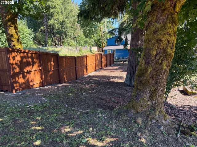 a view of a backyard with large trees and wooden fence