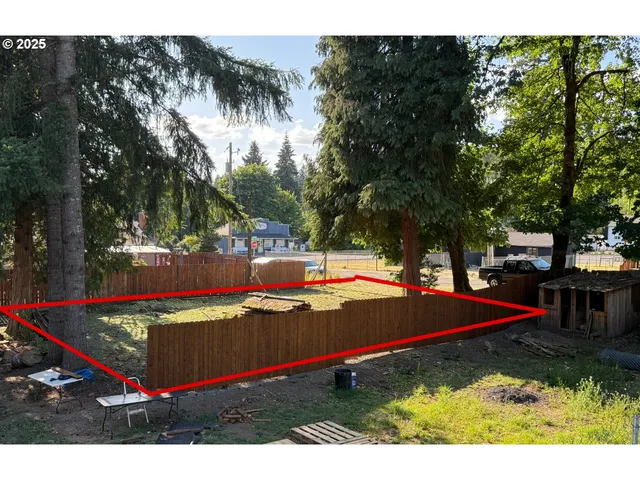 a view of a park with large trees