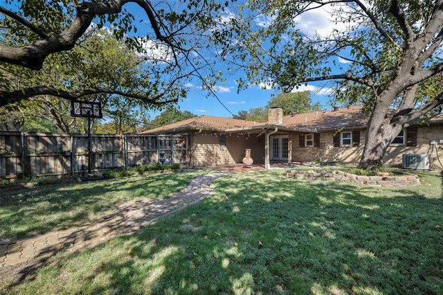 a view of a yard with plants and a large tree