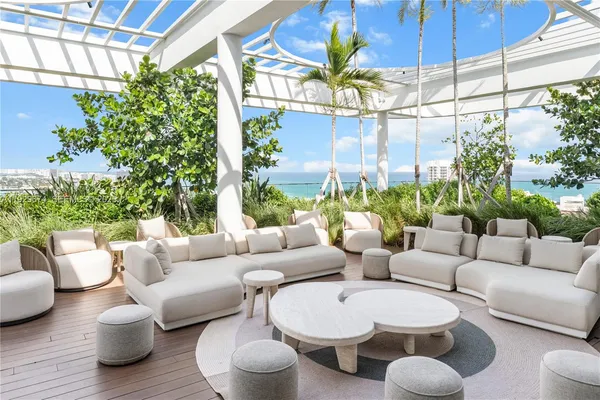 a building outdoor space with patio furniture