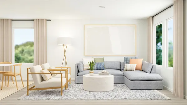 a living room with furniture and large window