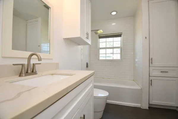 a bathroom with a sink toilet vanity and bathtub