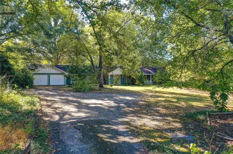 a view of a yard with plants and trees