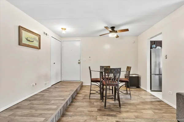 a view of a dining room with furniture