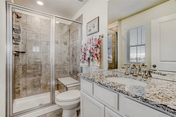 a bathroom with a granite countertop sink toilet and shower