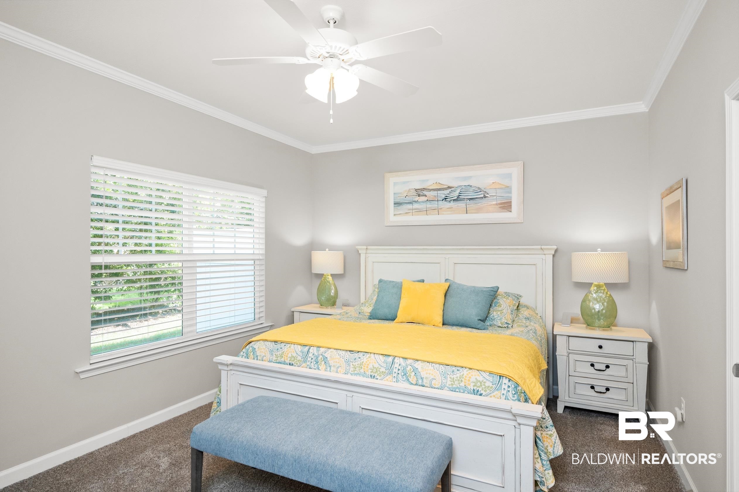 430 West Fort Morgan Road, Unit 1902 Gulf Shores, AL 36542 - Photo 18 of 59 Bedroom with crown molding, dark colored carpet, and ceiling fan