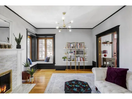 a living room with furniture a fireplace and a potted plant