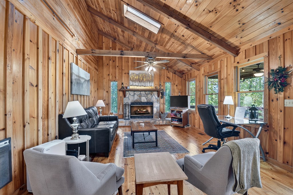 421 Salem Valley Road Mineral Bluff, GA 30559 - Photo 18 of 33 a living room with furniture a fireplace and a chandelier
