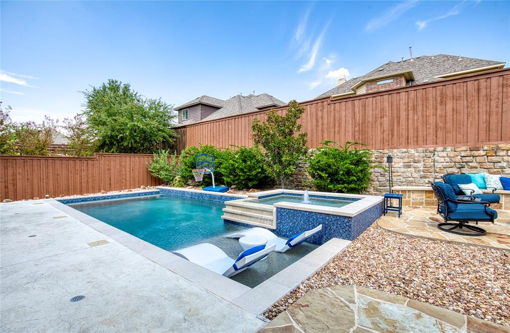 1552 Saddle Tree Road Frisco, TX 75036 - Photo 33 of 40 View of pool featuring a fenced backyard, a patio, and a pool with connected hot tub