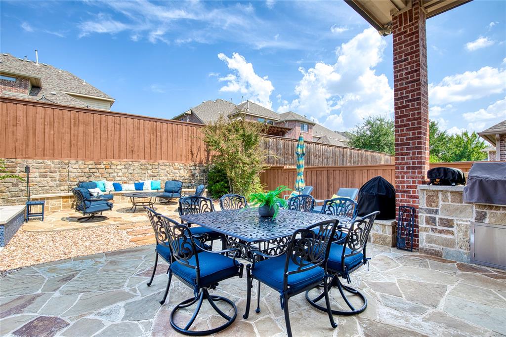 1552 Saddle Tree Road Frisco, TX 75036 - Photo 36 of 40 Fenced backyard featuring outdoor dining space, a patio area, area for grilling, and an outdoor hangout area