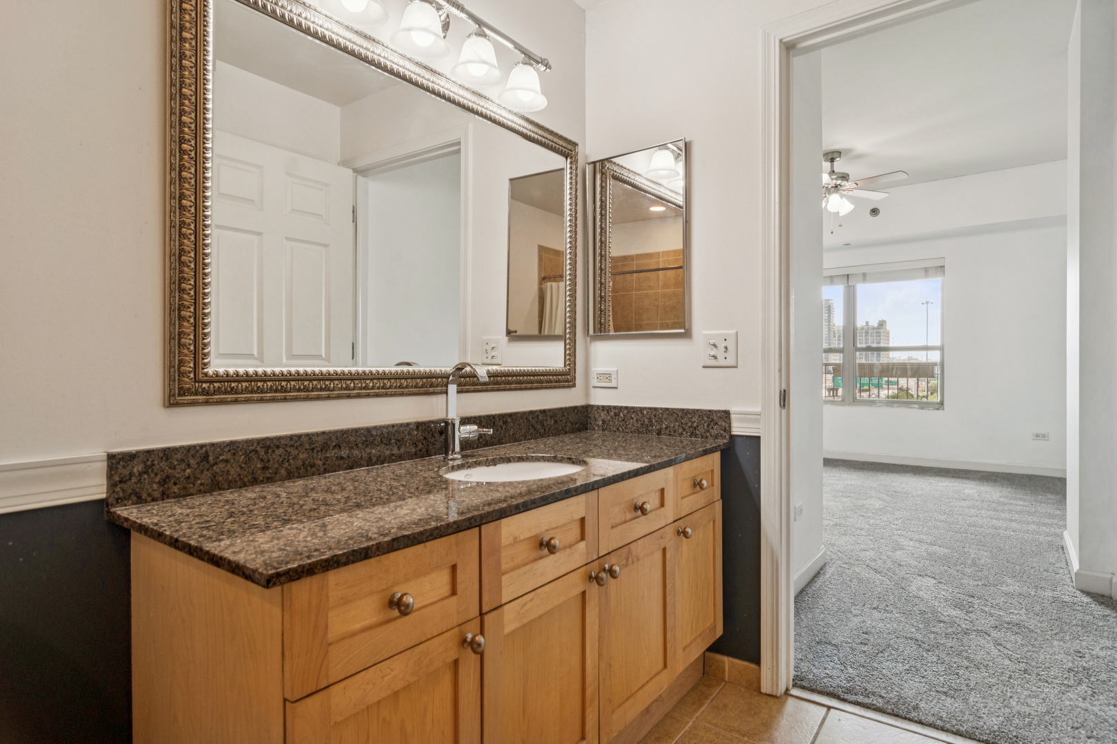 720 West Randolph Street, Unit 502 Chicago, IL 60661 - Photo 14 of 22 a bathroom with a granite countertop sink and a mirror