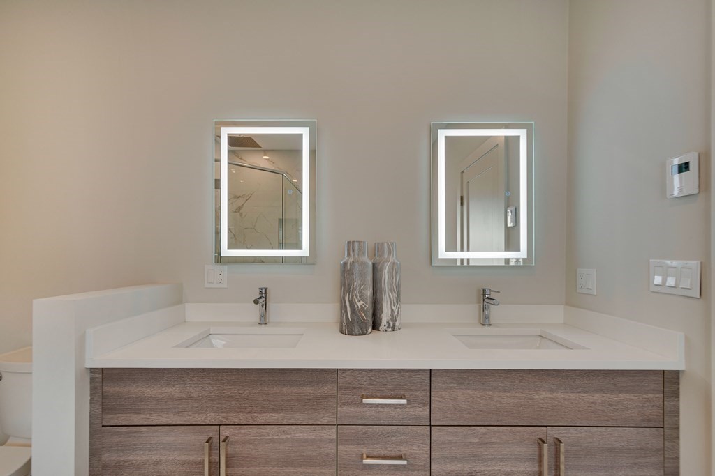 638 Webster Street, Unit 638 Needham, MA 02492 - Photo 15 of 29 a bathroom with double sink and a mirror