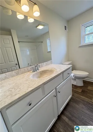 a bathroom with a granite countertop sink a toilet and a mirror