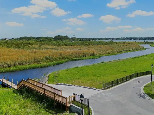 a view of a lake with a city view