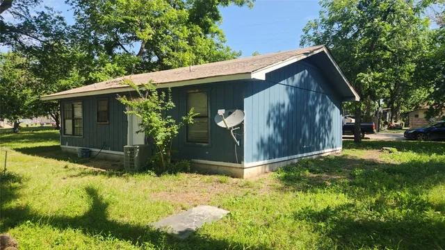 a view of backyard with potted plants and a large tree