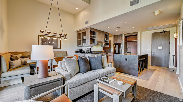 2417 West High Road, Unit 2515 Park City, UT 84098 - Photo 6 of 67 Living room featuring light wood-type flooring, a high ceiling, and recessed lighting