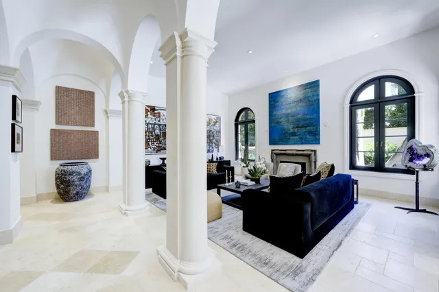 a living room with furniture fireplace and a potted plant