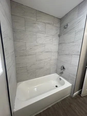 a bathroom with a bathtub
