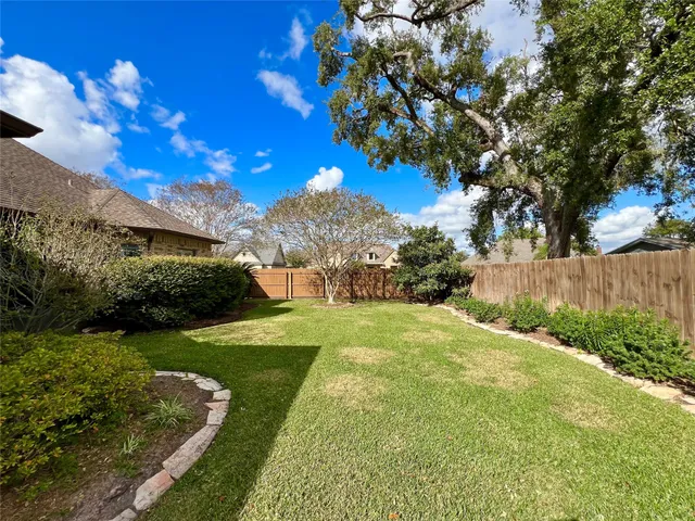 a view of a yard with plants and a fountain