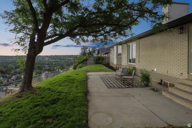 8760 Rustler Road Cottonwood Heights, UT 84093 - Photo 42 of 57 Spacious concrete patio with a patterned outdoor rug, complemented by an expansive grass lawn and mature tree