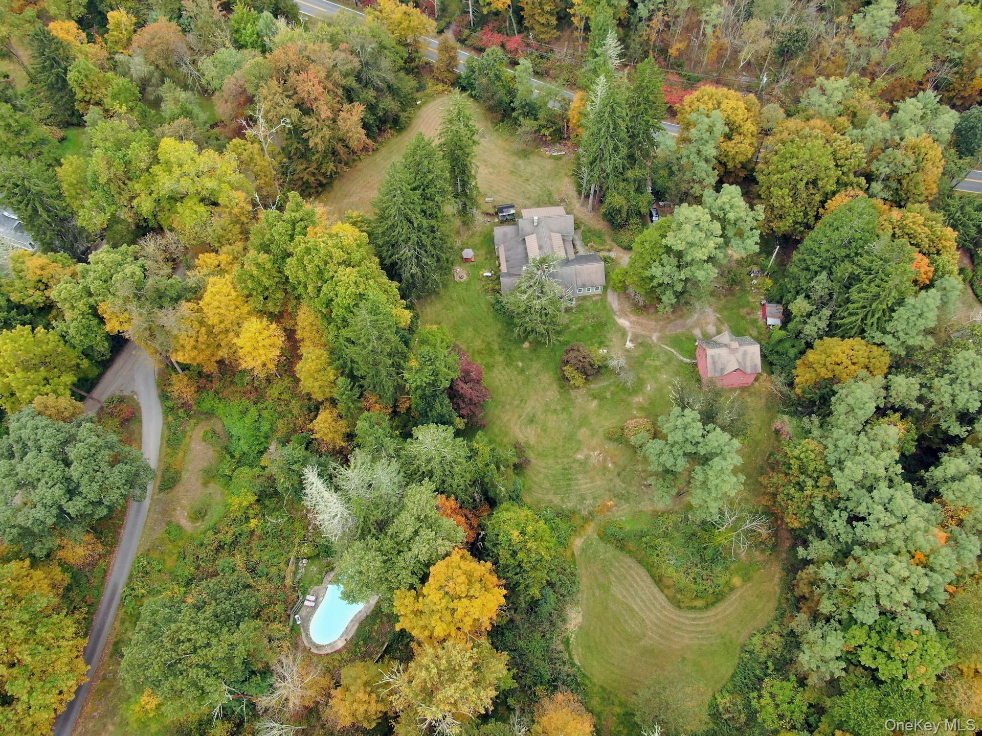 a view of a forest with a houses