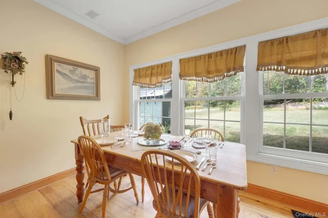 a view of a dining room with furniture window and wooden floor