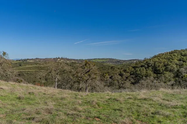 a view of a dry yard with mountains in the background