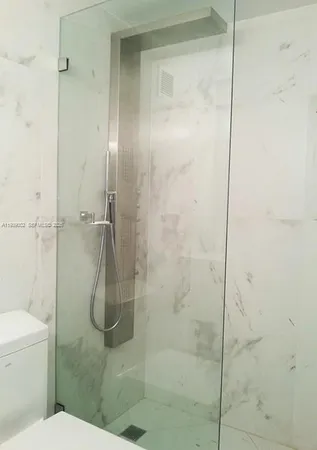 a bathroom with a shower and toilet